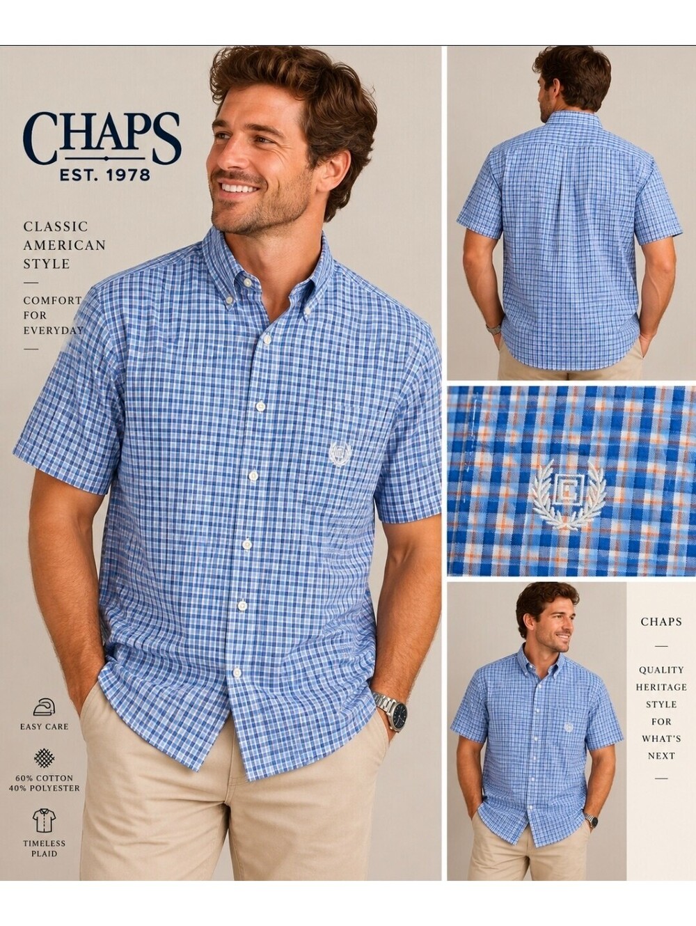CHAPS Men’s XL Blue Orange Plaid Short Sleeve Button Down Easy Care Shirt